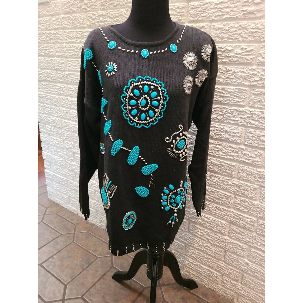 Vintage 90s Victoria Jones Native American Beaded Jewelry Pattern Sweater... L